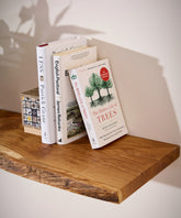 Books on a floating solid elm wooden shelf with a live edge 