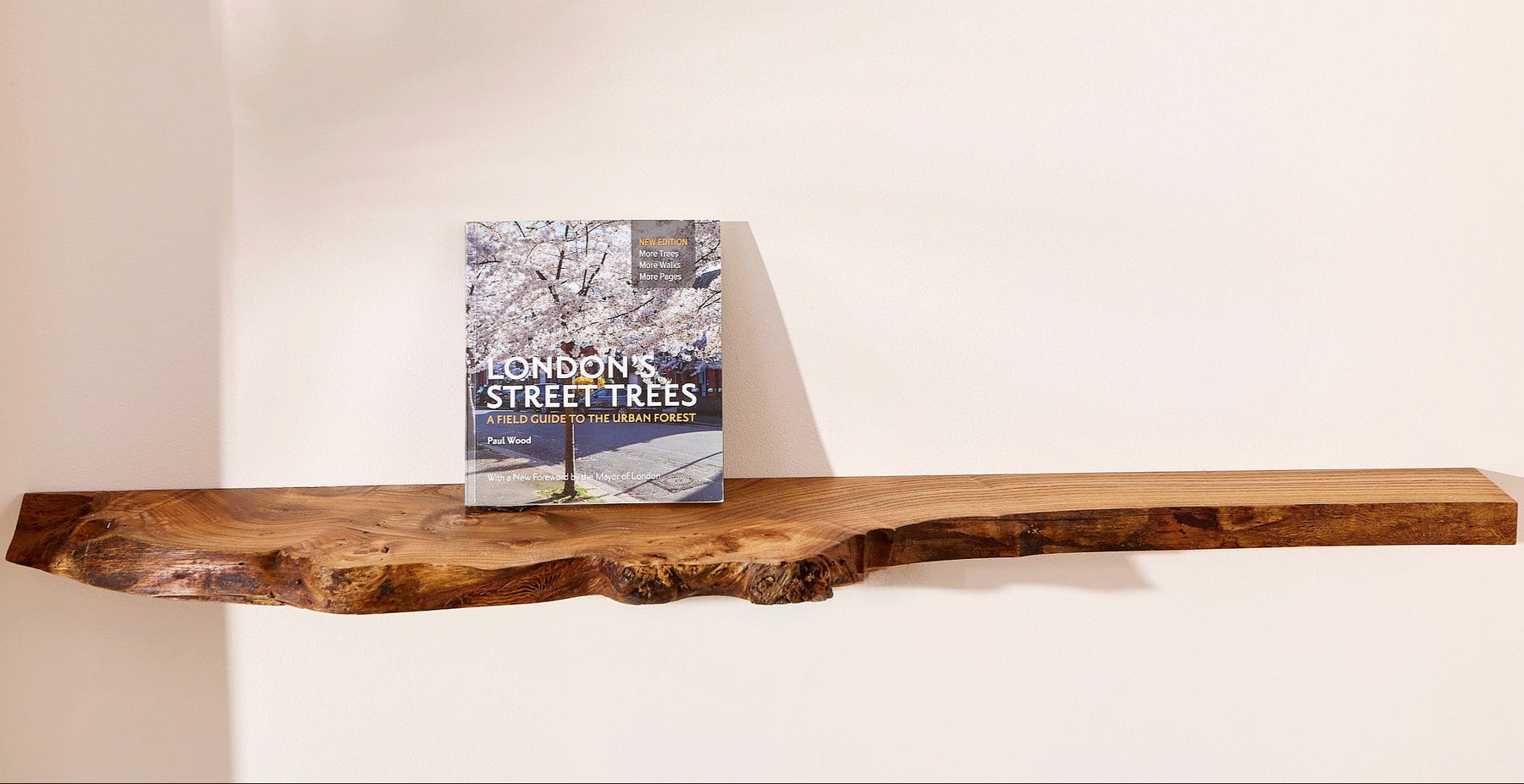 Floating live edge elm shelf with a book