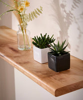 Houseplants on a solid London plane floating wooden shelf